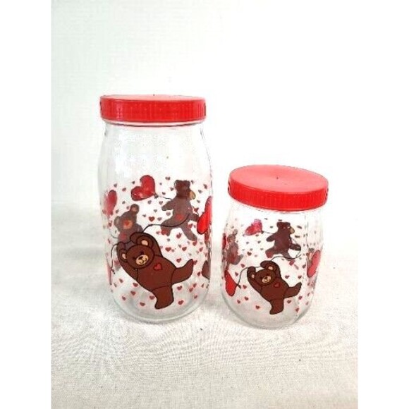 Vintage 2 Glass Teddy Bears w/ Balloons Jar Screw Top Lid Made in France cookie - Picture 1 of 7